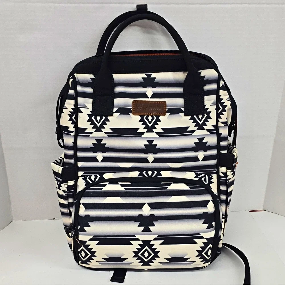 Wrangler Black & White Geometric Backpack Diaper Bag, Adjustable Strap, Pockets